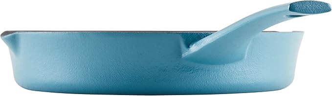 Rachael Ray NITRO Cast Iron Fryin Pan/Skillet with Helper Handle and Pour Spouts, 12 Inch - Agave Blue