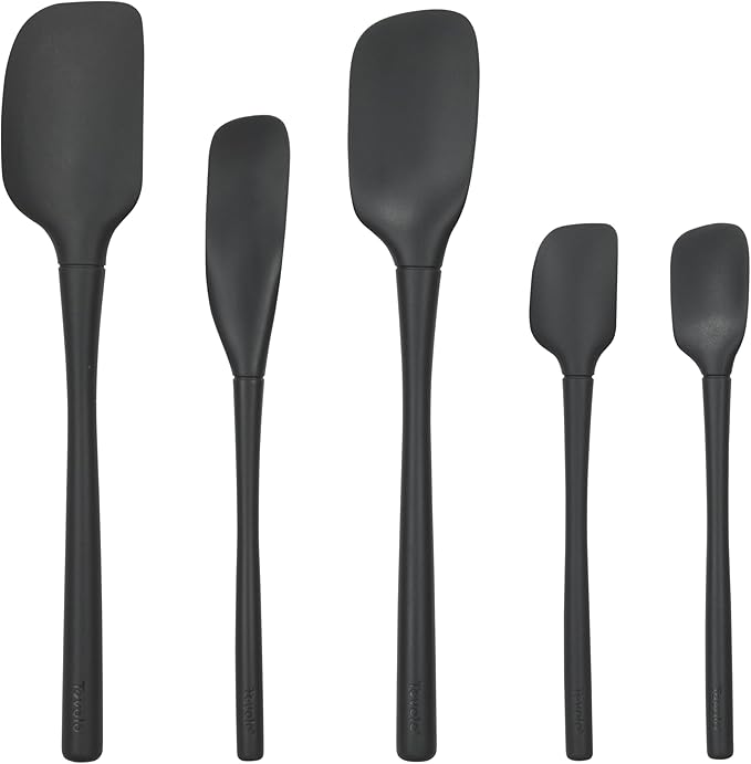 Tovolo Flex Core 5 Piece Silicone Spatula Set Heat Resistant All Silicone Utensils Include Non Stick Spatula Spoonula Jar Scraper, Dishwasher Safe BPA Free Spatulas for Baking Mixing, Black