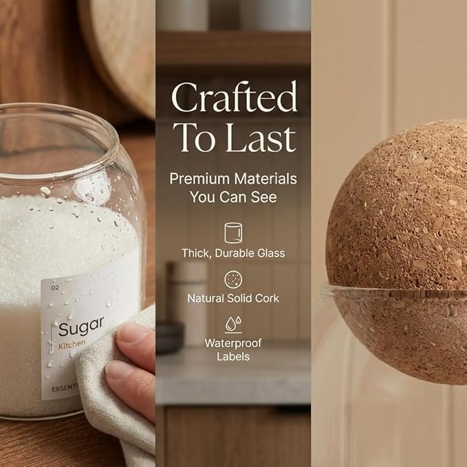 Coffee Tea Sugar Container Set - 3 Unique Cork Ball (17oz) Glass Jars -Kitchen Canister Set of 3-Jars for Coffee Station