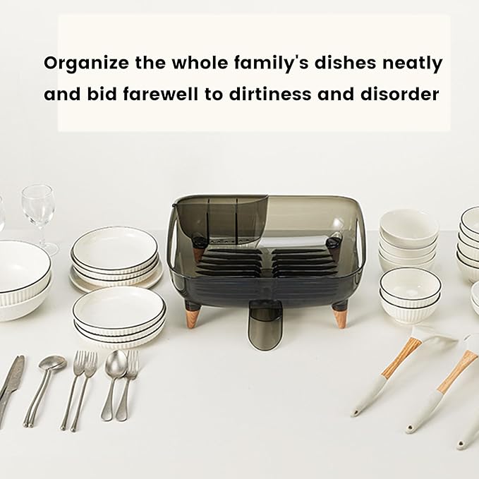 Dish Rack, Dish Drying Rack for Kitchen Counter, Dish Drainer with Drainboard Set and Utensil Holder, Sink Drying Dish Strainer Rack (Transparent Black)