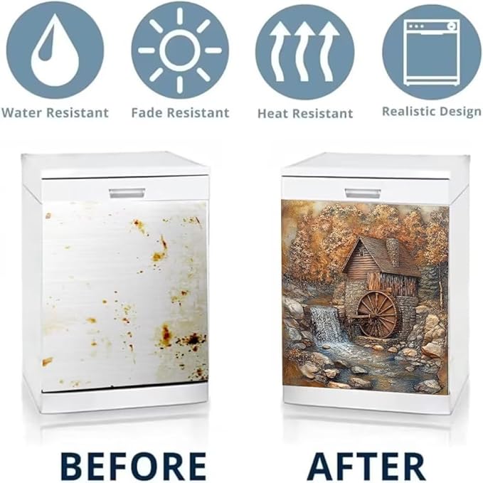 Rustic Water Mill Dishwasher Magnet Cover, Waterfall Scene with Cottage Refrigerator Magnetic Vinyl Sticker for Dishwasher Door, Decorative Kitchen Appliance Panel Decal, 23Wx26H Inches