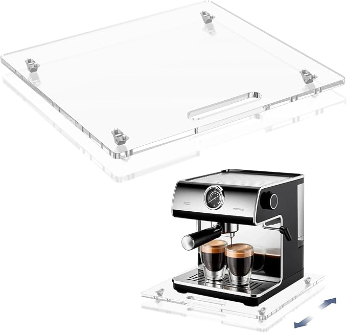 Appliance Sliders with Rubber Wheels, 14" x 13" Acrylic Coffee Pot Slider Tray for Countertop Moving, Sliding Tray for Coffee Maker, Stand Mixer, Toaster & Heavy Kitchen Appliances (Clear)