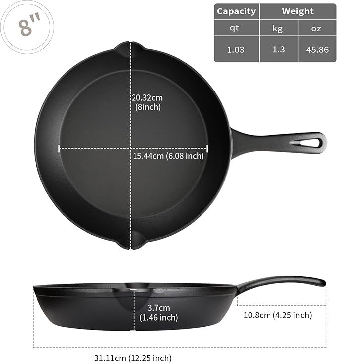 8 Inch Cast Iron Skillet – Pre-Seasoned Frying Pan, Durable Nonstick Cookware for Christmas Holiday Meals, Oven Safe Pan for Kitchen & Camping