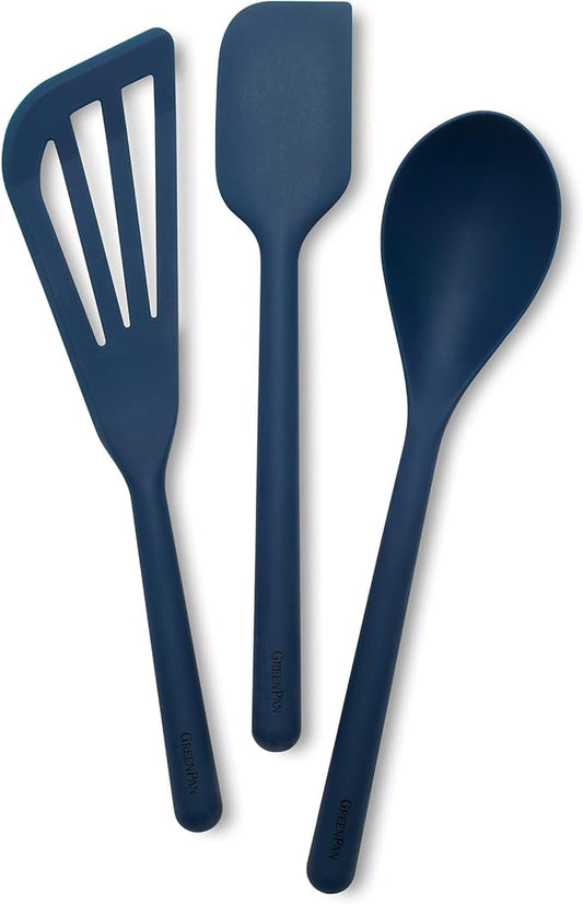 GreenPan Silicone 3 Piece Cooking Utensil Set, Fish Turner, Mixing Spatula, Solid Spoon, Flexible Nonstick Kitchen Tools Rigid Steel Core, Heat-Resistant Anti-Slip Handle BPA-Free Dishwasher Safe Blue
