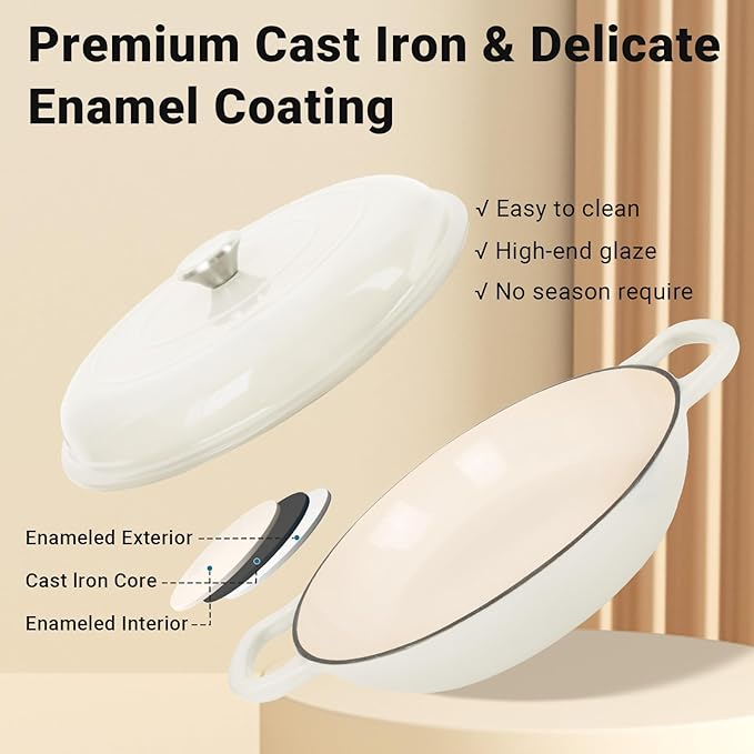 Enameled Cast Iron Dutch Oven, 3.8 Quart Pot With Lid, Non-Stick, Round, Oven Safe up to 500F for Marinate, Cook, Bake, Refrigerate and Serve - Cream White