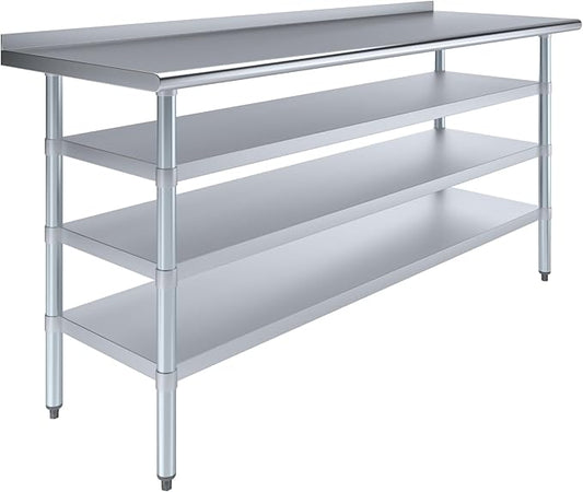 AmGood Stainless Steel Work Table with 1.5" Backsplash and 3 Shelves | Metal Kitchen Food Prep Table | NSF (72" Long x 24" Deep)
