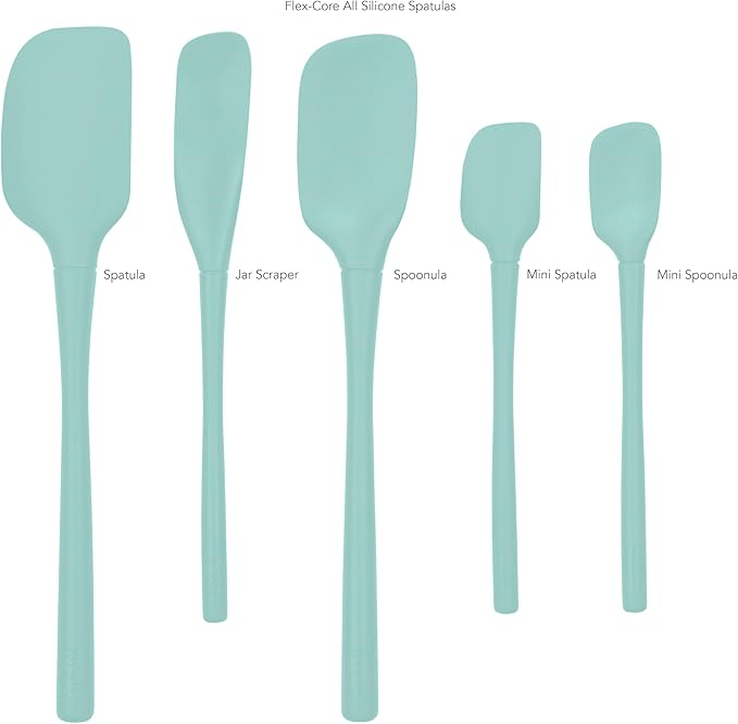 Tovolo Flex Core 5 Piece Silicone Spatula Set Heat Resistant All Silicone Utensils Include Non Stick Spatula Spoonula Jar Scraper, Dishwasher Safe Spatulas for Baking Mixing, Aqua Seafoam Green