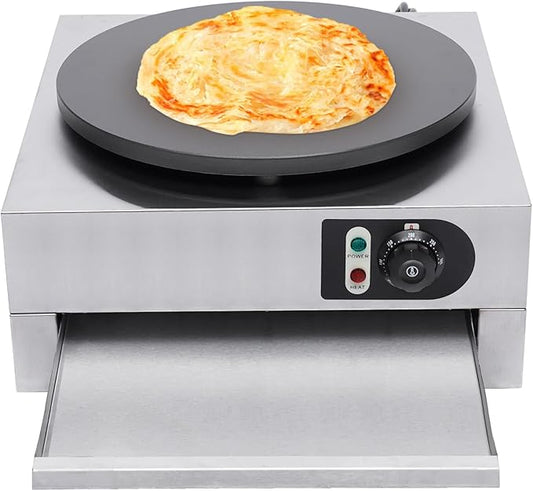 16" Commercial Electric Crepe Maker, 3000W Pancake Baking Machine Non-Stick Electric Crepe Pan Single Hotplate Adjustable Temperature 50-300℃(122-572℉) with Batter Spreader for Tortilla