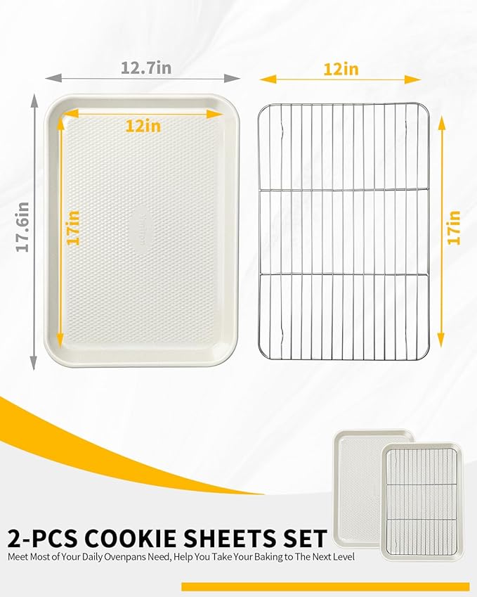 2-Pack 12x17 Half Sheet Pan Baking Sheet Set with Wire Rack - Nonstick 0.8mm Thick Carbon Steel, Cookie Sheets for Baking, Dishwasher Safe, Warp Resistant, Oven Safe 450°F, Salted Gray