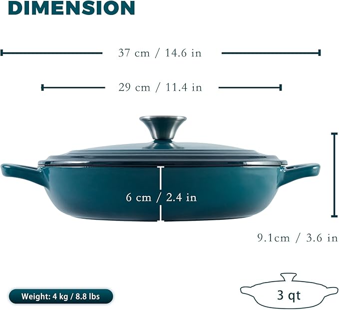 Braiser Enameled Cast Iron Braiser 3 qt Braiser Pan with Lid DarkCyan Shallow Cast Iron Casserole Braiser Pan with Handels