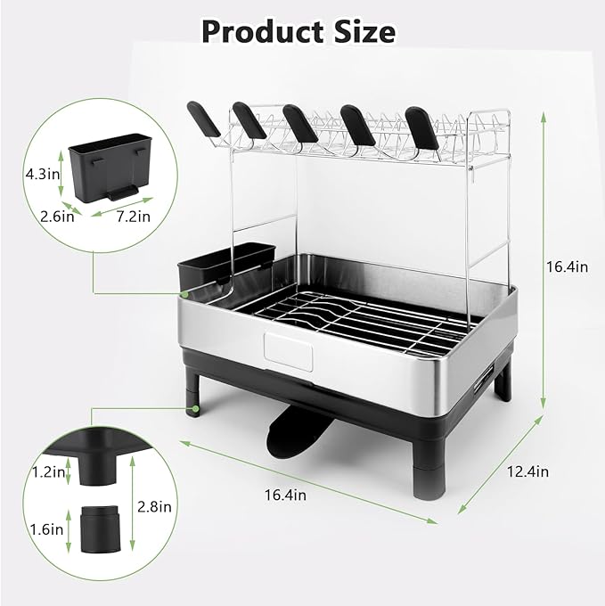 Gugxiom 2 Tier Dish Drying Rack, 304 Stainless Steel Dish Drainer for Kitchen Counter, Extra Large Dish Rack with 360° Rotatable Drain Spout & Cup Holder