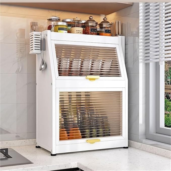 Modern Countertop Storage Cabinet with Acrylic Doors, Multi-Layer Metal Spice Organizer Rack with Knife Holder, Utensil Cage, Hooks, Compact Kitchen Dish Cabinet(White,12.2 X 8.5IN X 22.4IN)