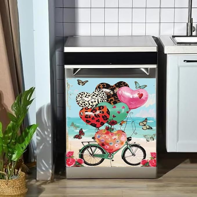 Dishwasher Magnet Cover, Heart Balloons Bicycle Butterfly Refrigerator Magnetic Vinyl Sticker for Dishwasher Door, Valentine's Day Decorative Kitchen Appliance Panel Decal, 23Wx26H Inches