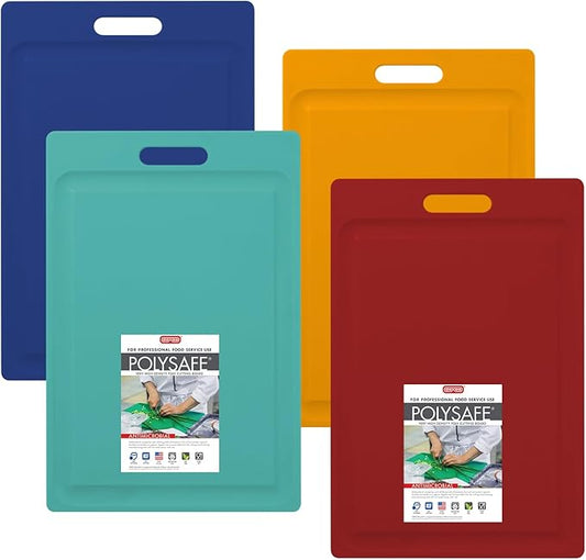Dexas 4-Pack NSF Certified Polysafe Cutting Boards with Handle and Juice Well, 12 x 18 inches, Reversible Kitchen Cutting Board, Assorted Colors
