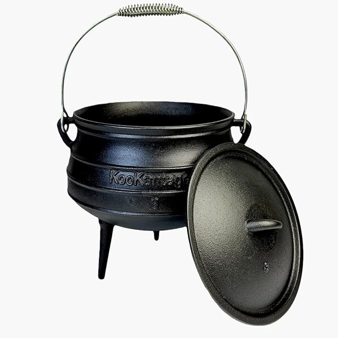 8-Quart Pre-Seasoned Cast Iron Cauldron - African Potjie Pot with Lid - 3-Legged Pot for Even Heat Distribution - Outdoor Cast Iron Dutch Oven Cookware for Campfire Cooking and Boiling