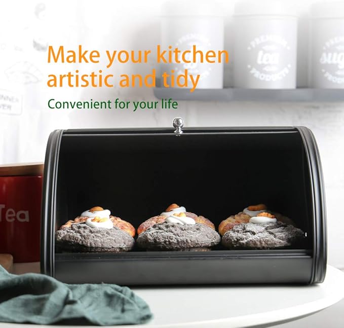 Home by Jackie Inc X458 Black Metal Bread Box/Bin/kitchen Storage Containers with Roll Top Lid (Black)