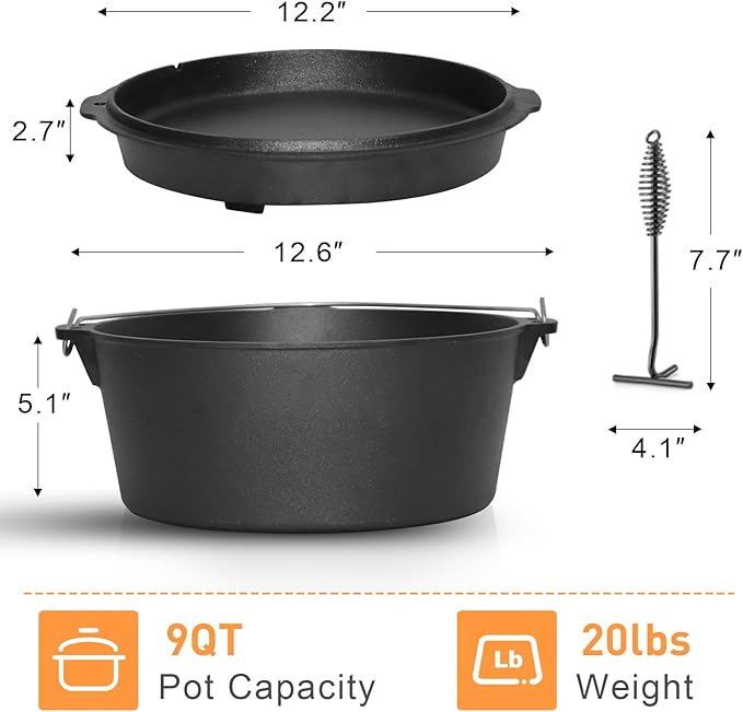 Camping Dutch Oven, 9 Qt Pre-Seasoned Cast Iron Camp Dutch Oven Pot with Lid - Lid Lifter, Cast Iron Dutch Oven with Metal Handle for Cooking BBQ Baking Campfire Modern Black