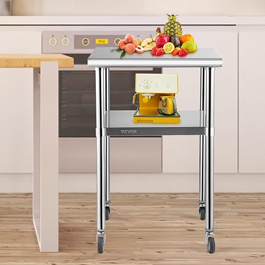 VEVOR Stainless Steel Prep Table, 24 x 24 x 33.5 Inch, 600lbs Load Capacity Heavy Duty Metal Worktable with Adjustable Undershelf & Universal Wheels, Commercial Workstation for Kitchen Garage Backyard