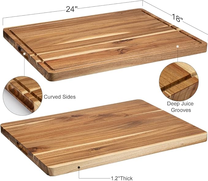 Extra Large Acacia Wood Cutting Board 24"x18" – Reversible Wooden Butcher Block for Kitchen with Deep Juice Groove, Side Handles – Chopping Board & Serving Tray for Meat, Vegetables, Cheese