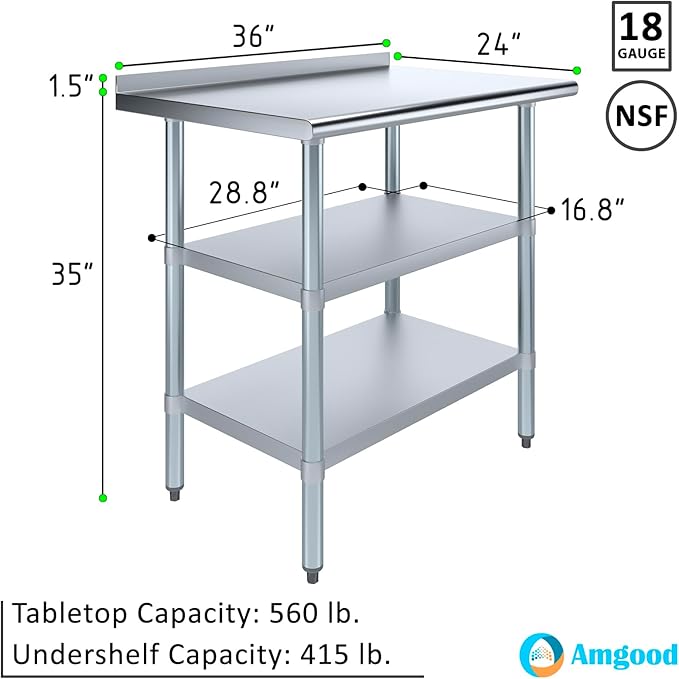 AmGood Stainless Steel Work Table with 1.5" Backsplash and 2 Shelves | Metal Kitchen Food Prep Table | NSF (36" Long x 24" Deep)
