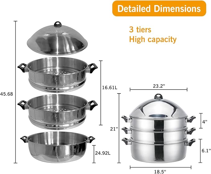 LetFeng Steamer Pot for Cooking 19 inch Steam Pots with Lid 3-Tier Multipurpose Stainless Steel Steaming Pot Cookware with Handle for Vegetable, Dumpling, Stock, Sauce, Food