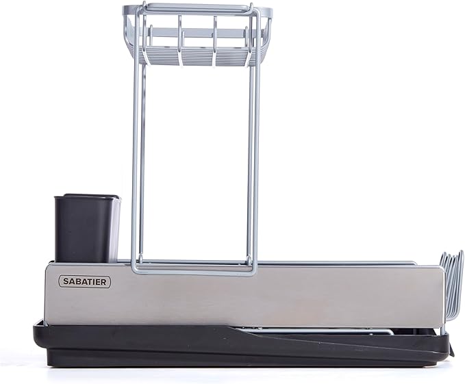 Sabatier Dish Drying Rack with Second Tier, Rust Resistant Wires and Angled Drain Board, Utensil Caddy Compact Dish Drying Rack