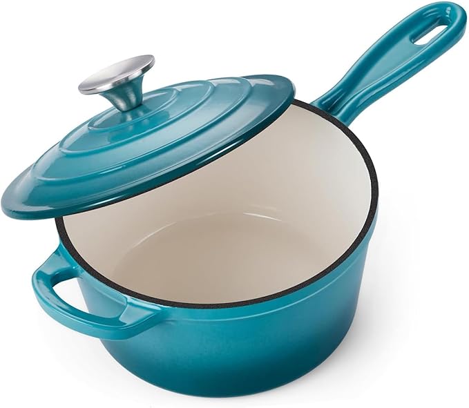 Enameled Saucepan with Lid, Non Stick Cast Iron Sauce Pan, Dutch Oven Pot (Peacock Blue, 2 Quarts)