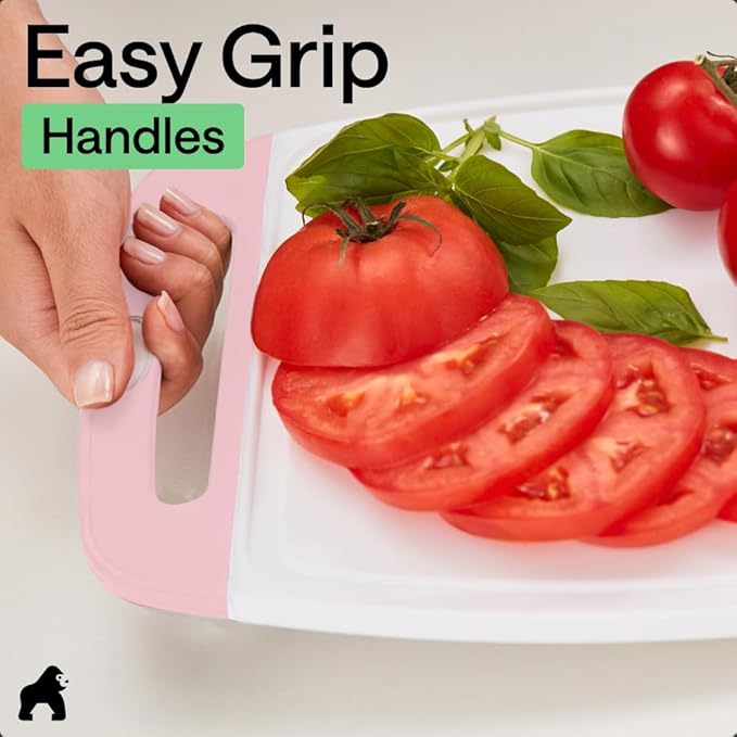 GORILLA GRIP BPA-Free Reversible Kitchen Cutting Board Set of 3, US Designed, Nonporous, Juice Grooves Catch Liquid, Slip Resistant Border, Dishwasher Safe, Durable Large Food Chopping Boards, Pink