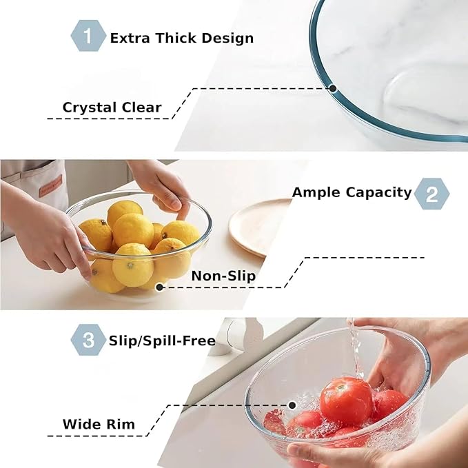 4pc Glass Mixing Bowls with Lids Set (2.80QT, 1.64QT, 1.16QT, 0.85QT), Thick Salad Bowl, Nesting Glass Mixing Bowl for Cooking, Baking, Prepping-Dishwasher Microwave Freezer Safe
