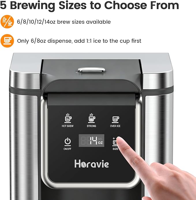 Single Serve Coffee Maker for K-Cup Pod and Grounds, Hot and Iced Coffee Maker, Strong Button Feature, 6 to 14oz Brew Sizes, 50oz Removable Tank, Up to 6.5 Inch Cup, Stainless Steel, Grey