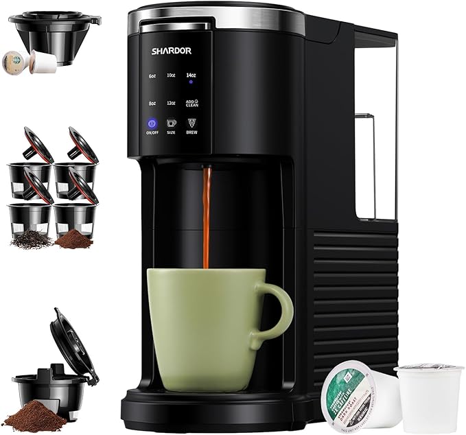 SHARDOR 3 in 1 Coffee Maker, K Cup Coffee Maker Compatible with Ground Coffee & Teas, Single Serve Coffee Machine, 6–14oz Brew Sizes, 40oz Detachable Water Reservoir, Descale Settings, Black