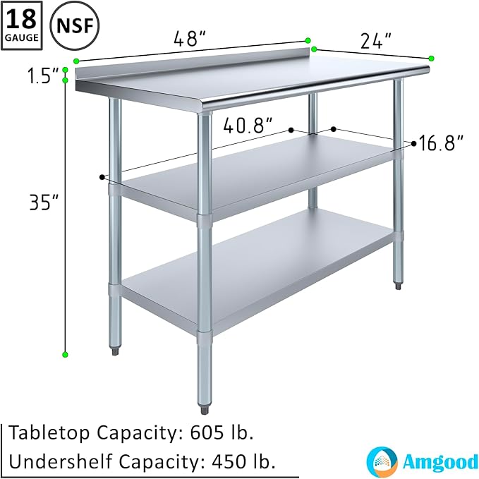 AmGood Stainless Steel Work Table with 1.5" Backsplash and 2 Shelves | NSF (48" Long x 24" Deep)