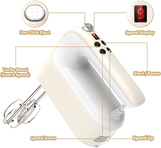9-Speed Digital Hand Mixer Electric, 400W Powerful DC Motor, Hand Mixer Electric Handheld with Snap-On Storage Case, 5 Stainless Steel Accessories, Beaters, Dough Hooks, Whisk(Cream White)