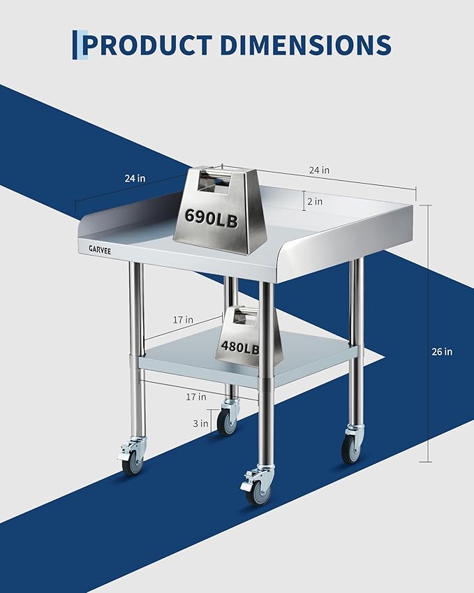 Garvee Stainless Steel Work Table, 24x24x26 Inch Commercial Food Prep Worktable with Wheels, Fixed 3-Sided Backsplash & Height-Adjustable Shelf, Heavy Duty Workbench for Kitchen Restaurant Garage