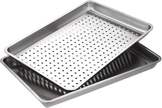 Extra Large 23.5"x15.5" Heavy Duty Commercial Grade 304 Stainless Steel Baking Sheet Set - 2Pcs Cookie Sheets,Uncoated & Non-Toxic, Solid & Perforated Pans for Roasting,Draining,and Food Prep