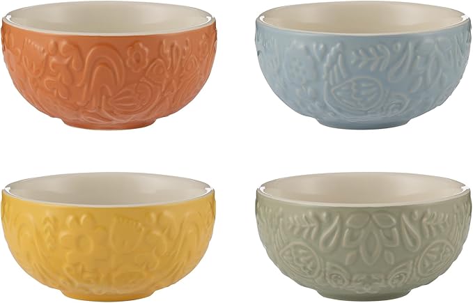 Mason Cash Home to Roost 200ml Preparation Bowls Set of 4 Stoneware Folk-Inspired Hen and Cockerel Style Multicolored Pinch Pots Dip & Dessert Dishes Dishwasher & Microwave Safe Kitchenware