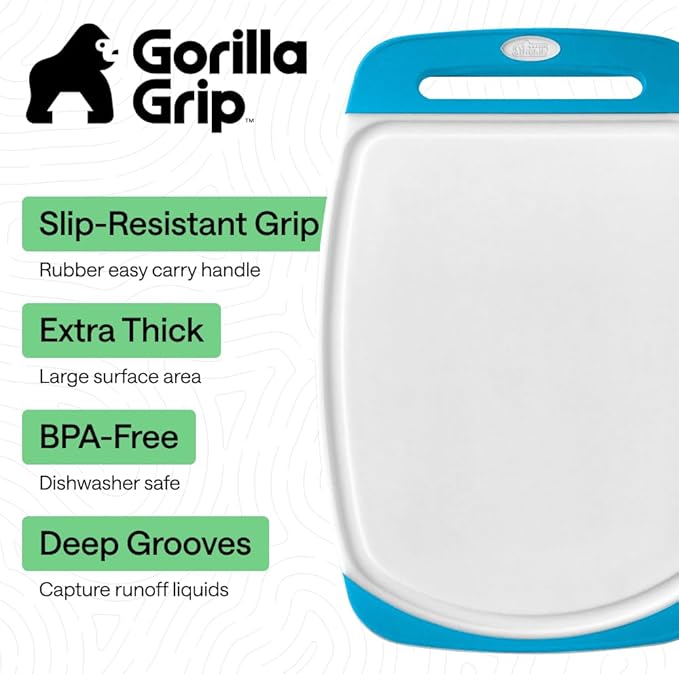 GORILLA GRIP BPA-Free Reversible Kitchen Cutting Board Set of 3, US Designed, Nonporous, Juice Grooves Catch Liquid, Slip Resistant Border, Dishwasher Safe, Durable Large Food Chopping Boards, Aqua