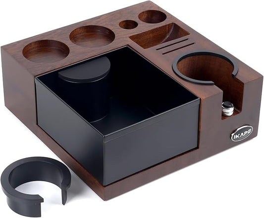 IKAPE V5 Espresso Knock Box, Espresso Coffee Organizer Box Fit for Storage 51, 54, 58MM Espresso Tamper, Distributor, Portafilter & Puck Screen Accessories, Natural Walnut Station Base(9 IN One)
