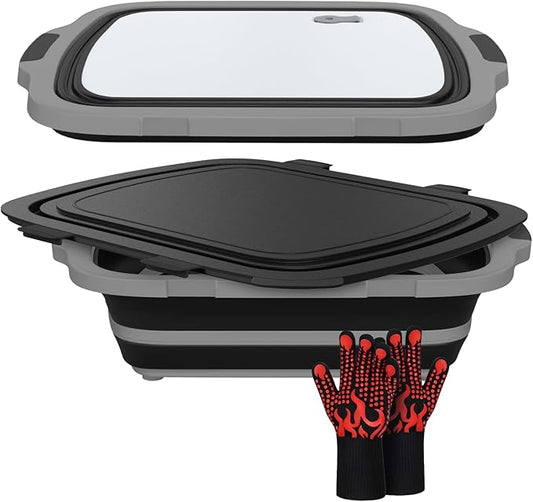 XL Collapsible BBQ Prep Tub with Cutting Board & Drain Plug – Portable Food Prep Station for Kitchen, Camping & Grill – Dishwasher Safe, Space-Saving Design – Bonus Heat-Resistant Glove Included