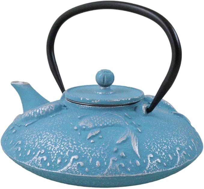 Ebros Gift Traditional Oriental Tetsubin Cast Iron Teapot With Enameled Interior 27oz Asian Japanese Chinese Fusion Housewarming Tea Pot Accent (Turquoise Blue Auspicious Koi Fishes)