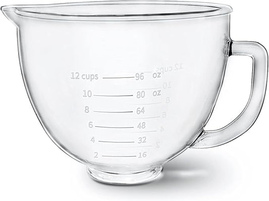 Glass Mixer Bowl For Kitchenaid Tilt-Head Stand Mixers 4.5-5 Quart, 5 qt Mixing Bowl Replacement For Kitchen aid With Measurement Markings,Handle