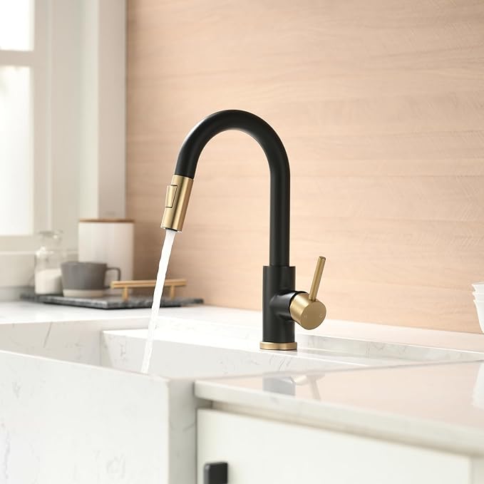 Modern Bar Sink Faucet for Kitchen Sink Single Handle with Pull Out Sprayer Hot and Cold Prep Sink Faucet Black and Gold