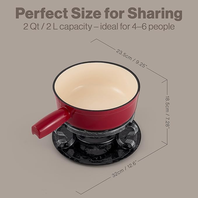 Swissmar Lugano Cast Iron Cheese Fondue Set, 9-Piece, 2 QT / 2 L - Ideal for Melting Cheese, Chocolates, Caramel, & More - Perfect for Kitchen Collection & Gift Giving - Cherry Red