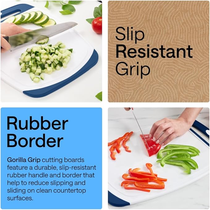 GORILLA GRIP BPA-Free Reversible Kitchen Cutting Board Set of 3, US Designed, Nonporous, Juice Grooves Catch Liquid, Slip Resistant Border, Dishwasher Safe, Durable Large Food Chopping Boards, Blue