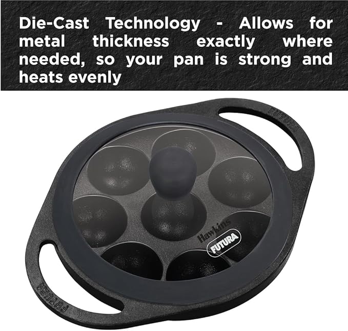 Hawkins Futura 16 cm Cast Iron Appe Pan, Non Stick Paniyaram Pan with Glass Lid, 8 Cups Paniyarakkal Pan, Litti Pan, Kuzhi Paniyaram Pan, Ponganalu Pan, Black (CIAP16G)