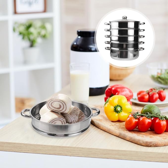 Hemoton Stainless Steel Steamer Pot 14.7 Inch 5-Tier Steaming Pot with Lid Multi-Layer Stockpot for Cooking Vegetables Dumplings Soup and More Dishwasher Safe