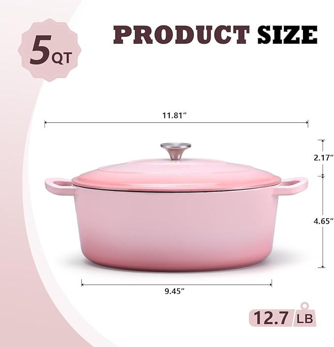 P&P CHEF Oval Dutch Oven with Lid, Enameled Cast Dutch Oven Pot for Bread Baking, Braising, Stewing, Roasting, Non-Stick & Oven Safe, Dual Handles & Easy Clean, 5QT & Pink, Valentine's Day