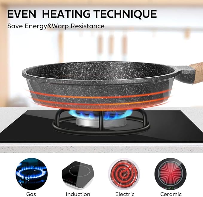 YIIFEEO Non Stick Frying Pan Set - Stone Skillet Set, Kitchen Omelette Pans, Induction Chef' Pan Grainte Cookware Set, Nonstick Frying Pans with Lid(8inch&9.5inch&11inch)