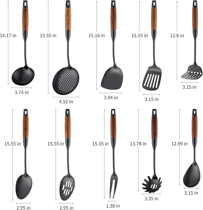 Stainless Steel Kitchen Utensils Set with Wood Handle, 18/10 Metal Cooking Utensils Set, 10 Piece - Spatula, Spoon, Ladle, Skimmer, Slotted Turners, Pasta,Turner, Ladl, Fork