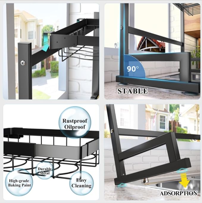 Large Over The Sink Dish Drying Rack (33.4"-41.3") 2 Tier Length Adjustable Dish Drainer for Kitchen Sink Auto Drainage Space Saving Kitchen Organizer, Black (25.6‘’-33.5‘’)